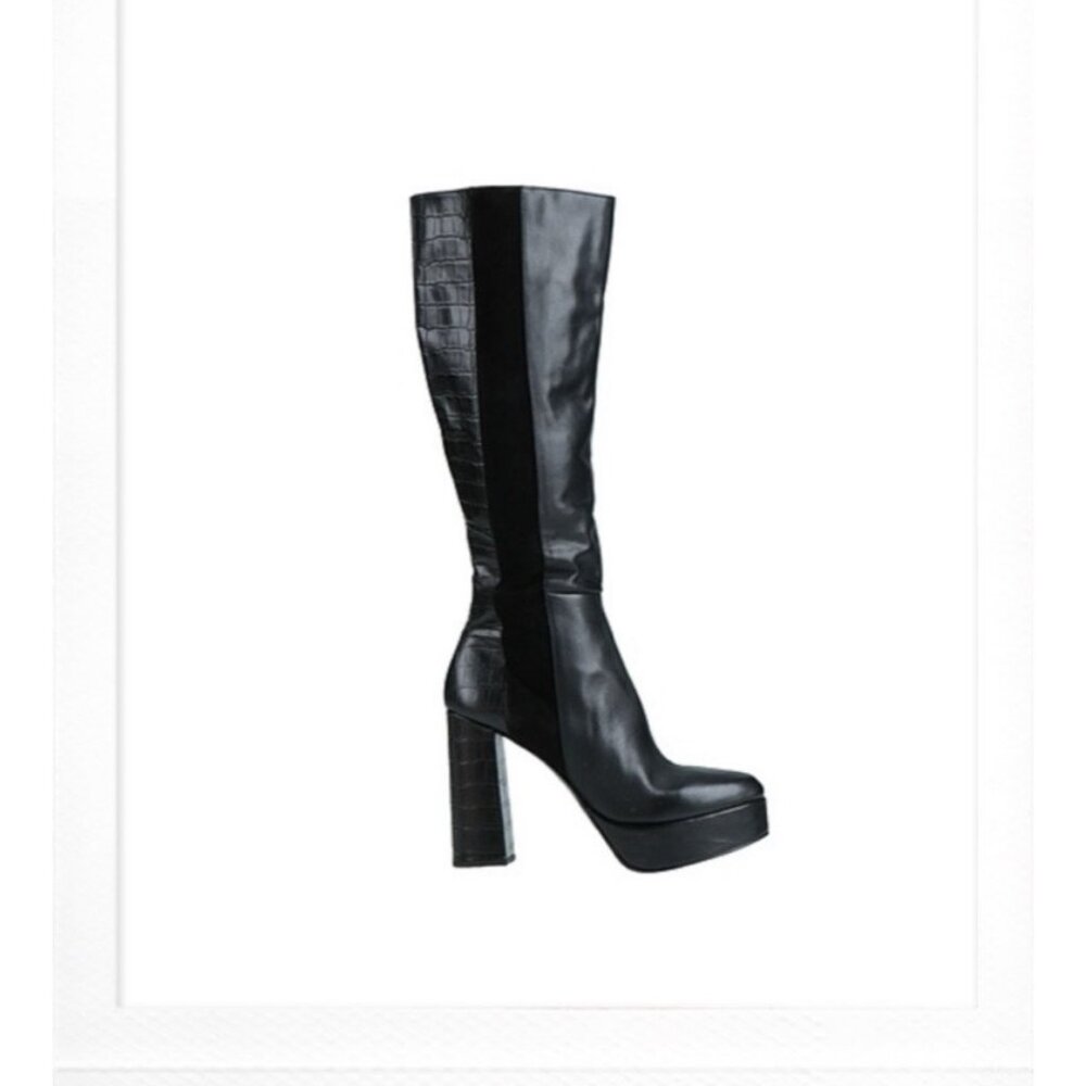 Black Platform Leather Knee Boots